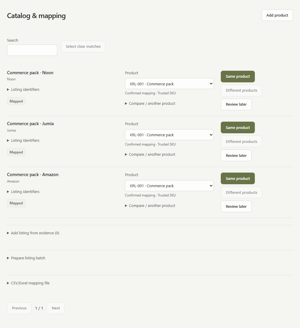 Actual Krelen catalog-mapping interface — fixed local demonstration